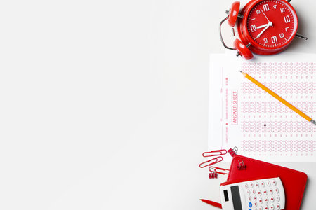Answer sheets, stationery, alarm clock and calculator on white background