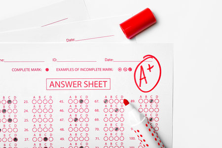 Checked answer sheet and marker on white background, closeupの写真素材