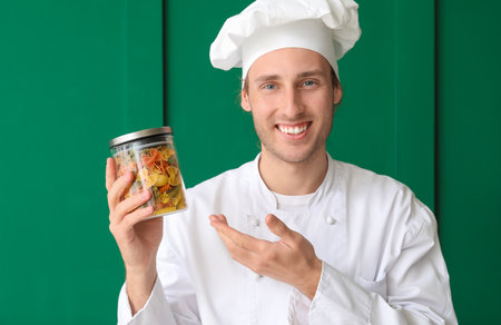 Handsome chef showing farfalle pasta on green backgroundの写真素材