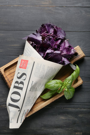 Board with fresh basil on dark wooden background