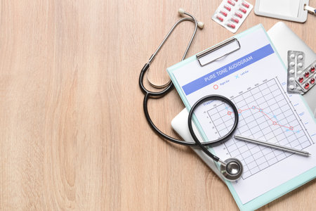 Audiogram with stethoscope and pills on light wooden background