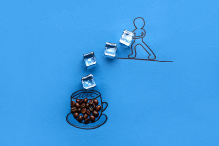 Creative composition with coffee beans and ice on color background
