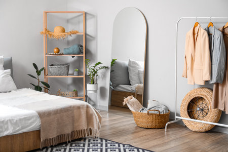 Interior of stylish bedroom with mirrorの写真素材