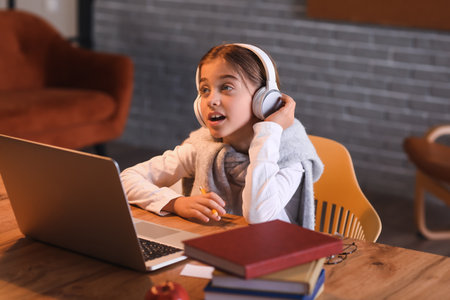 Little girl studying online at home in the eveningの写真素材