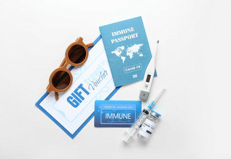 Immune card, passport, covid-19 vaccine and gift voucher on white background