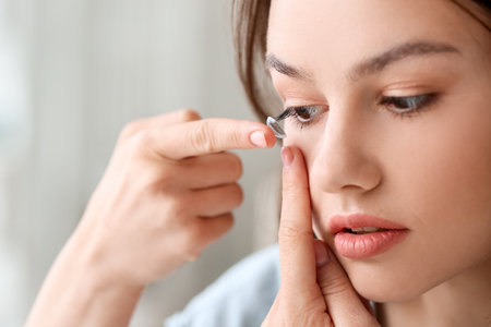 Young woman putting in contact lensesの写真素材