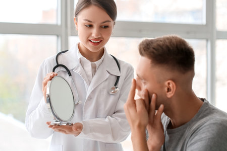 Young man putting in contact lens at ophthalmologist's officeの写真素材