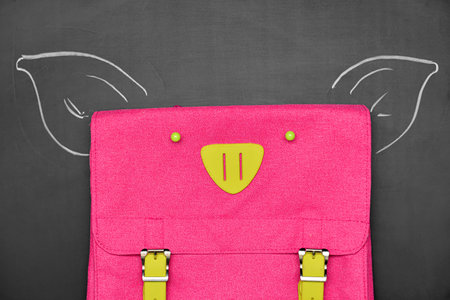 Piggy made of school backpack on dark backgroundの写真素材