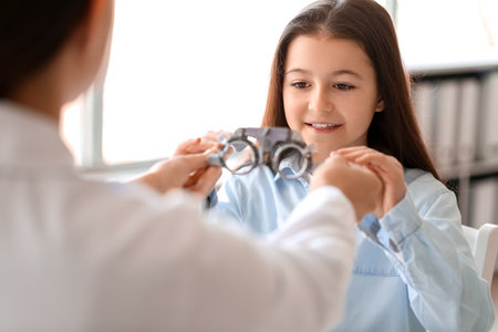 Little girl at ophthalmologist's officeの写真素材