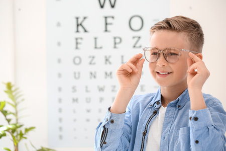 Little boy wearing glasses at ophthalmologist's office