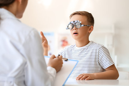 Little boy undergoing eye test in clinicの写真素材