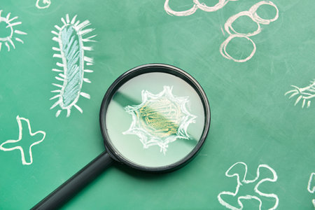 Magnifier and drawings on color backgroundの写真素材