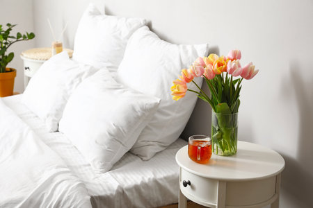 Bouquet of tulip flowers and cup of tea on the table in the bedroom