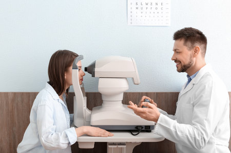 Ophthalmologist examining young woman in clinic