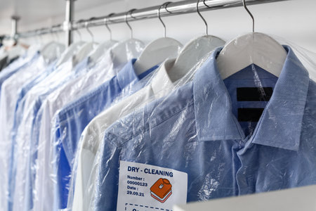 Rack with clothes at modern dry-cleaner'sの写真素材