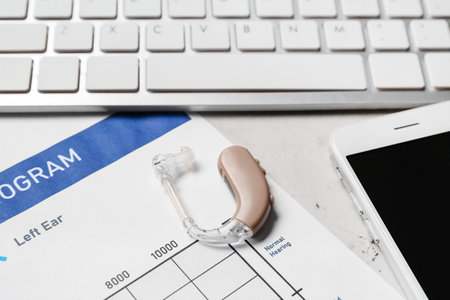 Audiogram with hearing aid, mobile phone and computer keyboard on white backgroundの写真素材