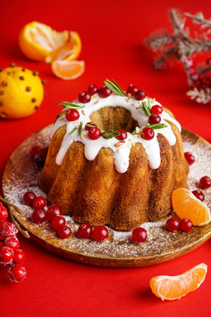 Wooden plate with tasty Christmas cake on red backgroundの写真素材