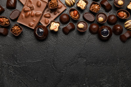 Different chocolate candies on black backgroundの写真素材