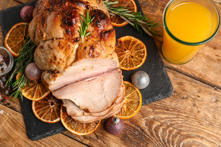 Board with tasty Christmas ham, dried citruses and glass of juice on wooden backgroundの写真素材