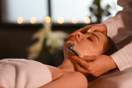 Pretty young woman receiving face massage with roller in beauty salonの写真素材
