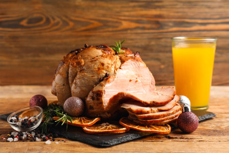Board with tasty Christmas ham, dried citruses and glass of juice on wooden backgroundの写真素材