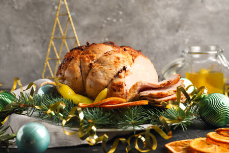 Plate with tasty ham, dried citruses and Christmas branches on dark table, closeupの写真素材