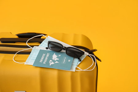 Packed suitcase with immune passport, medical masks and sunglasses on color backgroundの写真素材