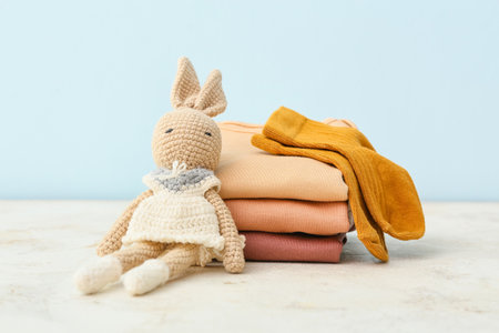 Stack of baby clothes and knitted toy on color background