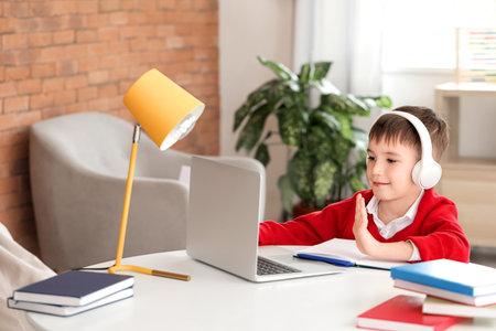 Little schoolboy studying online at homeの写真素材