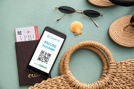 Travel supplies and electronic vaccine passport on color backgroundの写真素材