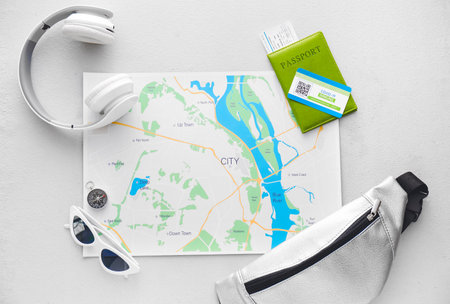 Travel supplies and immune card on light background