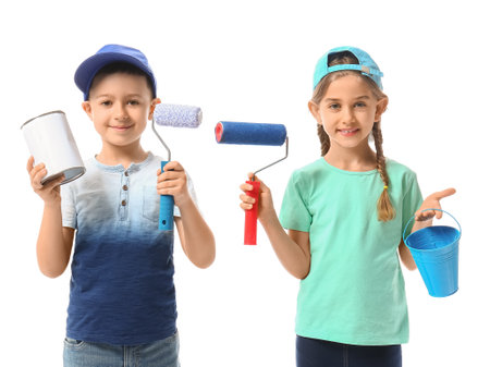 Little painters with tools on white backgroundの写真素材