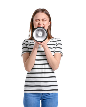 Protesting woman with megaphone on white backgroundの写真素材