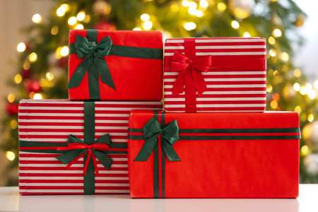 Beautiful gifts on table against blurred Christmas tree