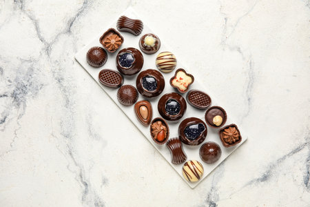 Chocolate candies on white marble background