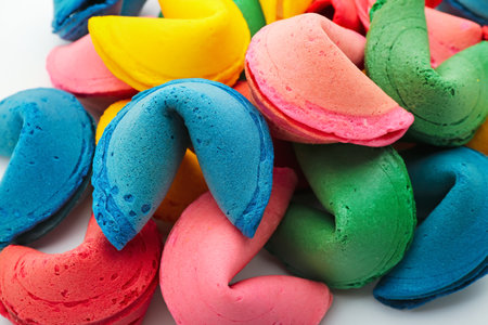Colorful fortune cookies on white background, closeupの写真素材