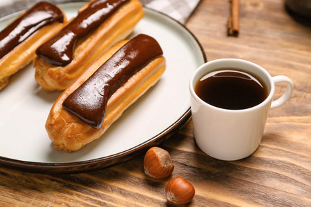 Plate with tasty chocolate eclairs and cup of coffee on wooden table, closeupの写真素材