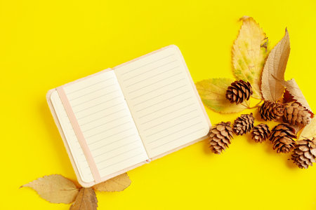 Composition with blank notebook, autumn leaves and cones on yellow background
