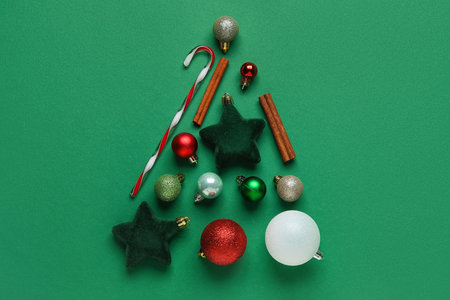 Christmas tree made of decor on green background, top viewの写真素材
