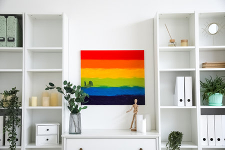 Interior of light room with rainbow painting, chest and shelving unitsの写真素材