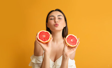 Young woman with juicy grapefruit on color backgroundの写真素材