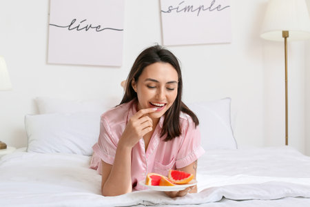 Young woman with juicy grapefruit in bedroomの写真素材