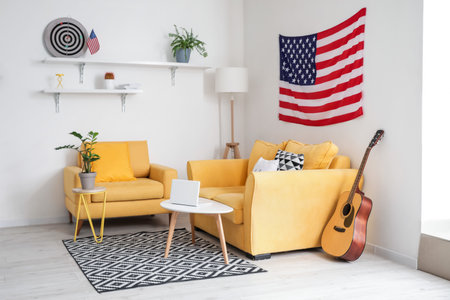 Interior of stylish living room with USA flagの写真素材
