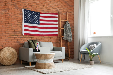 Interior of stylish living room with USA flagの写真素材