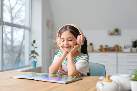 Little girl with headphones reading book at homeの写真素材