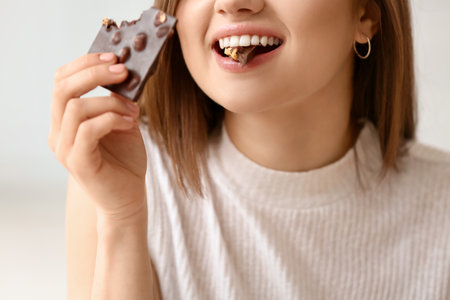 Beautiful young woman eating tasty chocolate at home, closeupの写真素材