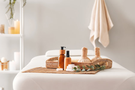 Spa supplies on table in beauty salonの写真素材