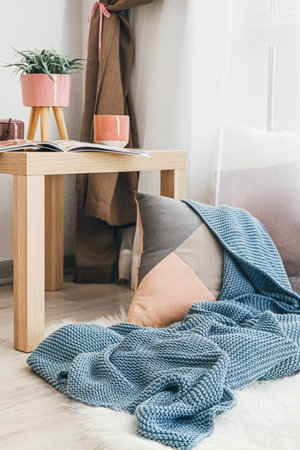 Cozy place for rest with pillow and knitted plaid near window