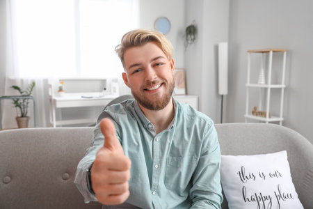 Young man showing thumb-up at homeの写真素材