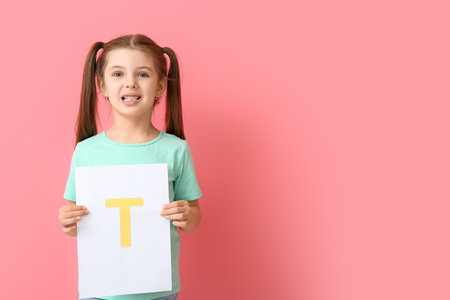 Little girl holding paper sheet with letter T on color backgroundの写真素材